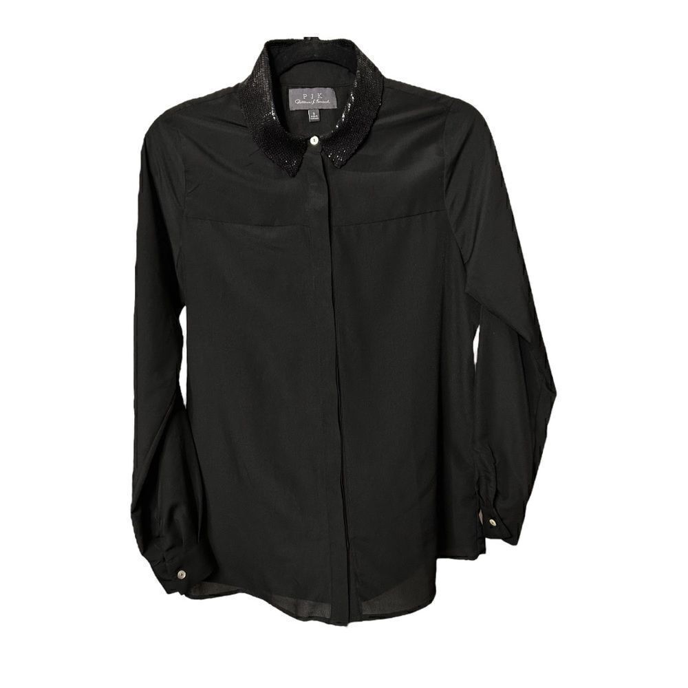 PJK Patterson Long Sleeve Sheer Silk Blouse Black Sequins Collared